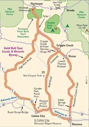 Follow this map of Gold Belt Scenic Byway.
