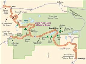 As the map shows, the Grand Mesa Scenic Byway has several beautiful scenic overlooks.