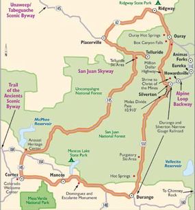 View Enlarged Image This map of the San Juan Skyway will take you through mountain passes and by cliff dwellings, spring waterfalls, and fall splendor.