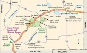 View Enlarged Image Follow this map of the Santa Fe Trail Scenic Byway to retrace the routes of pioneers, Native Americans, traders, ranchers, and miners.