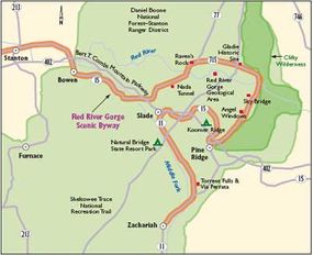 View Enlarged Image Follow this map of the Red River Gorge Scenic Byway through the rugged landscape of the Daniel Boone National Forest.