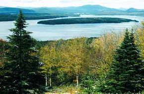 The pristine waters of Rangeley Lake as seen from Rangeley Lakes Scenic Byway.