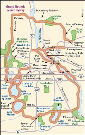 Unlike many of Minnesota's byways, the Grand Rounds Scenic Byway will take you to some of the state's urban attractions, focusing on Minneapolis, as this map shows.