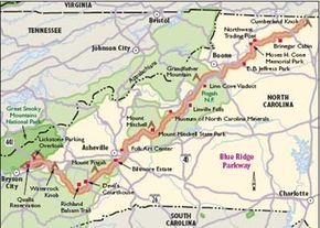 The Blue Ridge Parkway winds along mountain ridge tops. This map shows just some of the many trails and attractions you can visit along the drive.