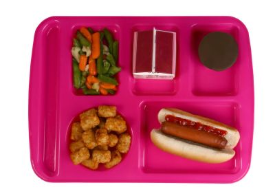 Hot lunch tray as served at many U.S. schools.
