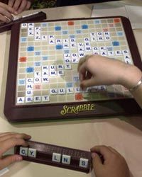 The winning board for the 2003 National School Scrabble Championship is shown on display in Boston.