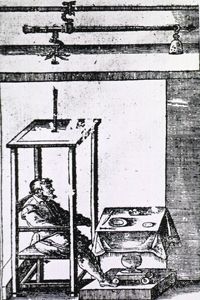 A 17th-century illustration of Santorio in his famous weighing chair device