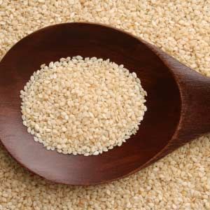 Close up of white sesame seeds.