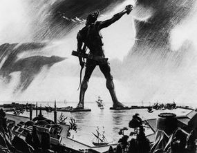 An artist's rendering of the Colossus of Rhodes shows the statue straddling the island's harbor, circa 250 B.C.