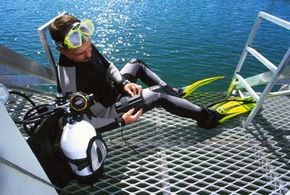 A diver tries on an electronic shark repellent unit, which sends out an electrical field in the water to repel sharks.