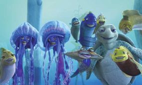 Rastafarian jellyfish Ernie (Ziggy Marley, left) and Bernie (Doug E. Doug) are joined by a school of admirers who believe Oscar is the hero of the Reef.