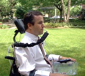 People with high tetraplegia can drive their wheelchairs independently using a sip-and-puff control device.