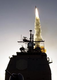 The Aegis class Navy cruiser U.S.S. Lake Erie test fires a SM-3 missile off the coast of Hawaii in December 2003.