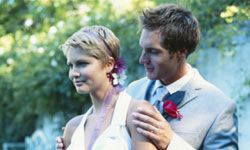 bride and groom outside