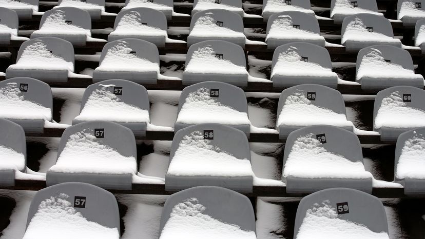 Stadium seats covered in snow