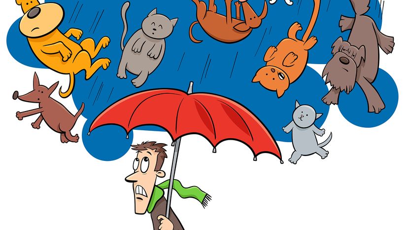 Cartoon of cats and dogs falling on a man holding an umbrella