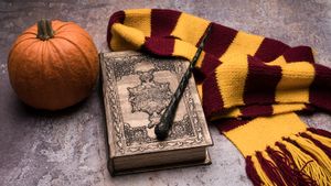 Pumpkin, gryffindor scarf, spellbook and wand