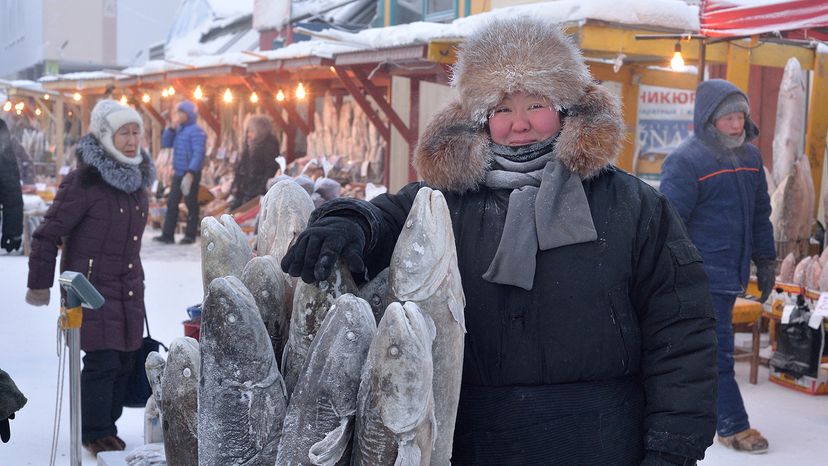 Person in thick jacket and hood in snowy market with frozen fish