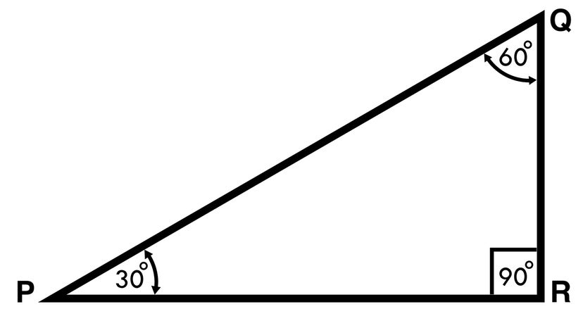 Triangle with the 30 angle labeled as P, 60 as Q, and 90 as R