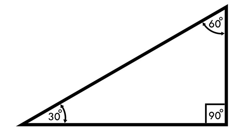 A triangle with angles of 30,60 and 90 degrees on a white background