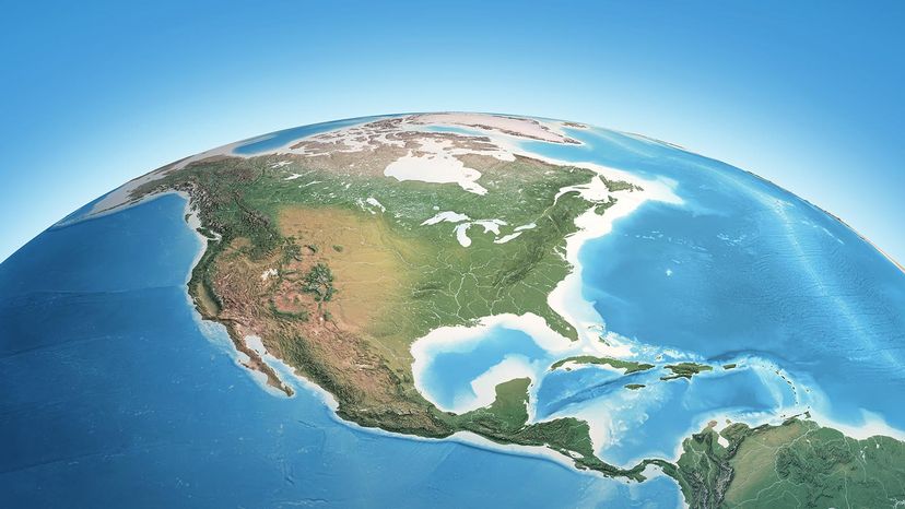 Map of Earth focusing on North America, US, Canada, Mexico and Central America