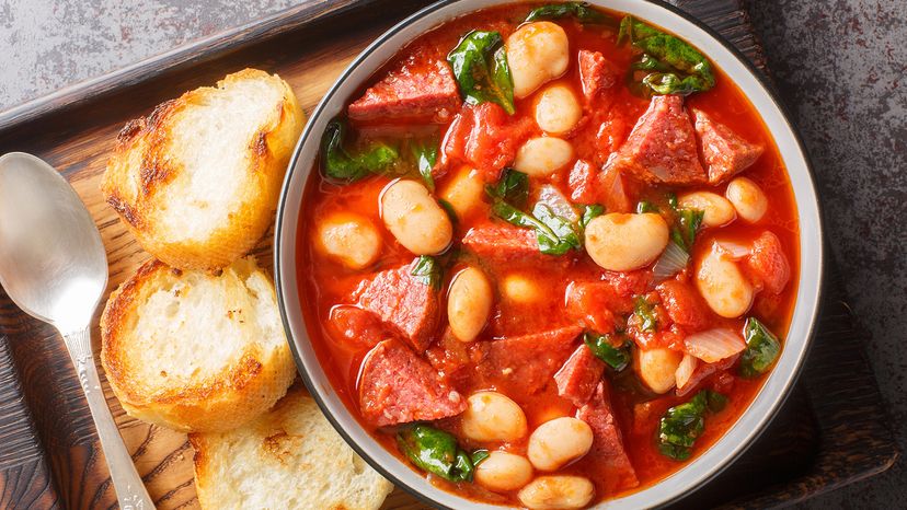 Spanish stew of butter beans, chorizo and spinach in tomato sauce