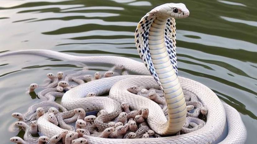 White cobra in water with dozens of baby cobras