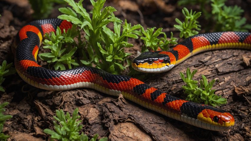 Two red and black snakes on a log with greenery