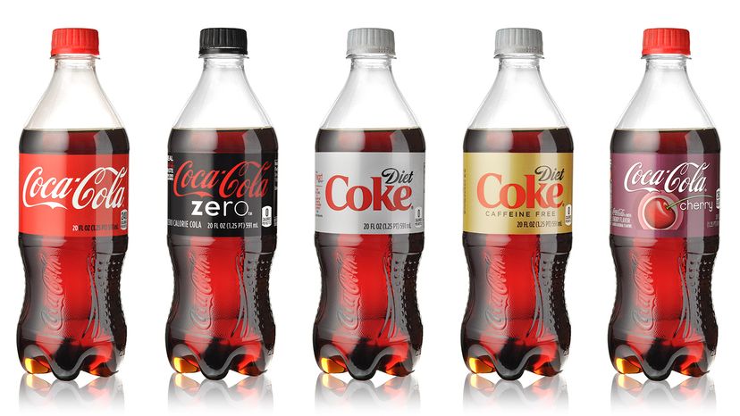 Five bottles of different types of Coca Cola