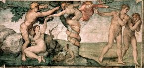 Michelangelo's painting Fall of Man is on the ceiling of the Sistine Chapel, Vatican (ceiling 130 feet 6 inches x 43 feet 5 inches).