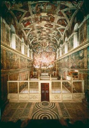 View of the Sistine Chapel with the elaborate paintings by Michelangelo.