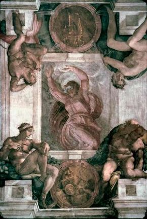 This detail from the Sistine Chapel ceiling,Michelangelo's Separation of Light and Darkness(ceiling 130 feet 6 inches x 43 feet 5 inches),is located in the Vatican.