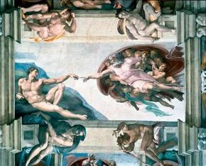 Creation of Adam beautifully depicts the unity between the body and soul. This painting (ceiling 130 feet 6 inches x 43 feet 5 inches) by Michelangelo is in the Sistine Chapel.