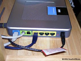The Linksys WRTP54G has a port for connection to the Internet, two phone ports and four Ethernet ports.