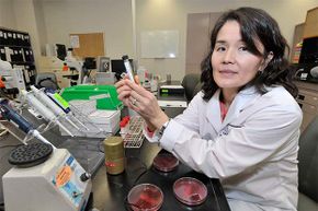 Dr. Christine Lee, an infectious disease physician, poses in a lab at St. Joseph's Healthcare in Hamilton, Ontario. Dr. Lee has performed 100 stool transplants that cure patients hit by  Clostridium difficile.