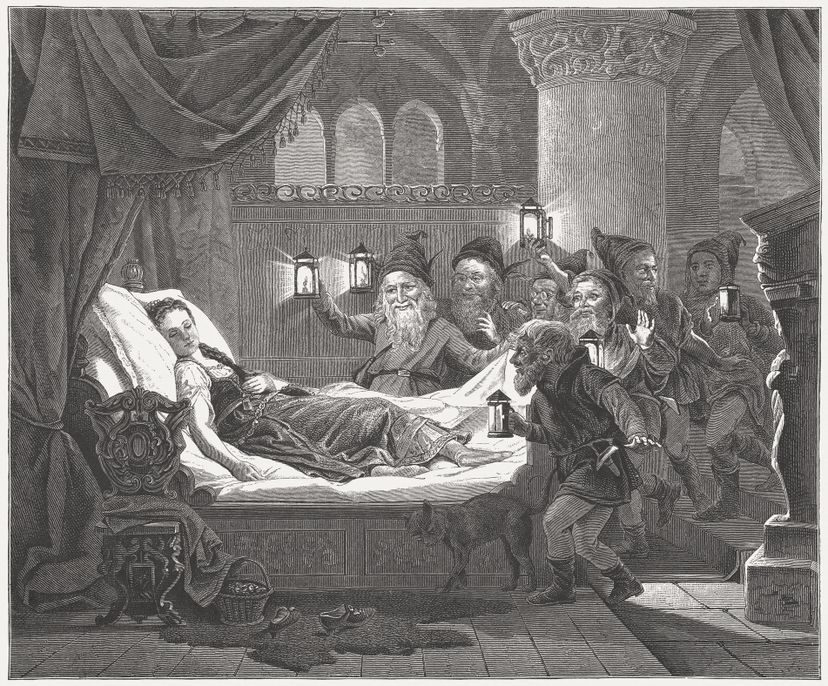Snow White and the Seven Dwarfs. A fairy tale by the Brothers Grimm. Woodcut engraving after a painting by Carl Bertling (German painter, 1835 - 1918), published in 1879.