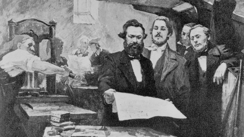 Karl Marx (with beard) and Friedrich Engels, pressroom