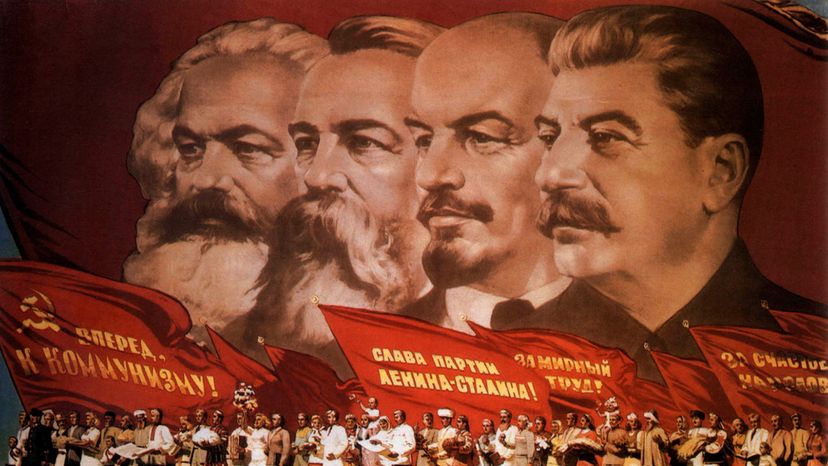 Karl Marx, Friedrich Engels, Vladimir Lenin and Joseph Stalin, propaganda poser