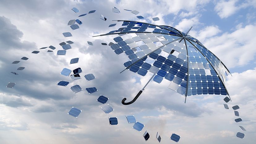 The concept of an umbrella made up of solar cells, floating on a backdrop of the sky.
