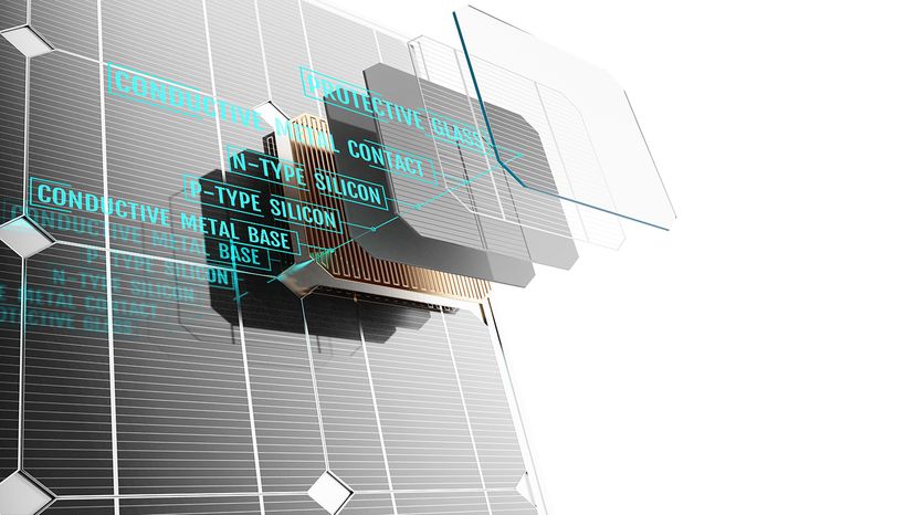 An illustration shows the components of the layers of a solar panel.