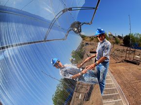 A parabolic trough solar collector system can warm tubes of oil to tremendous temperatures.