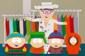 Characters from the cartoon TV show 'South Park', including Elton John (rear) with (from L to R) Cartman, Kyle, Stan and Kenny in a 1998 episode.