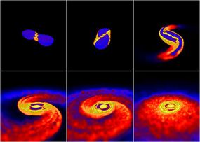 A photo from an animation depicting a merger between two neutron stars.