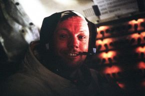 This is Armstrong, back inside the lunar module, at the conclusion of the Apollo 11 moon walk. Or was he just mugging for the camera on a soundstage somewhere?