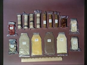 Mercury astronauts had primitive space food. Pictured are packets of mushroom soup, orange-grapefruit juice, cocoa beverage, pineapple juice, chicken with gravy, pears, strawberries, beef and vegetables.