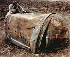 A main propellant tank of a Delta 2 launch vehicle which landed in Georgetown, Texas, on Jan. 22, 1997.