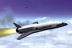An artist's concept of the X-34, a test vehicle for future generations of reusable launch vehicles.