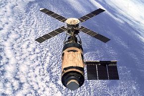 Skylab 1 in orbit after its repairs -- note the gold sunshade.