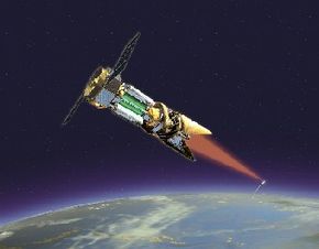 Artist rendering of how a TRW designed space laser-equipped satellite might fire a laser at a ballistic missile from long range.