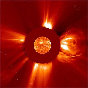 An image of the sun captured on April 2, 2001, by the Extreme ultraviolet Imaging Telescope (EIT) during the biggest solar flare ever recorded.